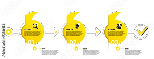 Business Infographic template. Timeline with 3 steps. Workflow process diagram with Research, Idea bulb and Working employee icons. Timeline infograph diagram. Quotes journey path infographics. Vector