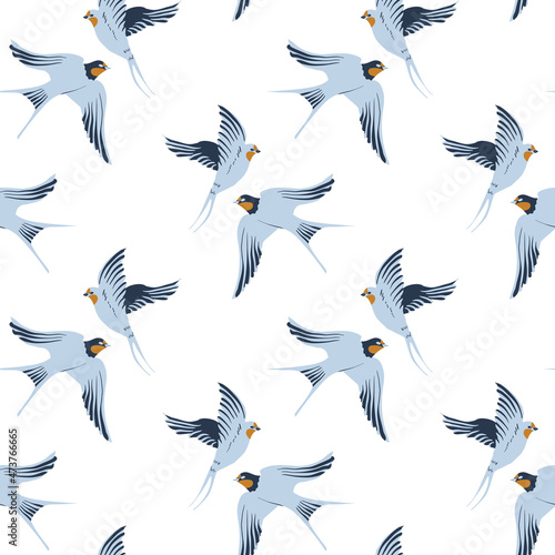 Vector seamless pattern with hand-draw birds. Pattern with swallows in classic blue white colors. Simple and elegant pattern on white background.