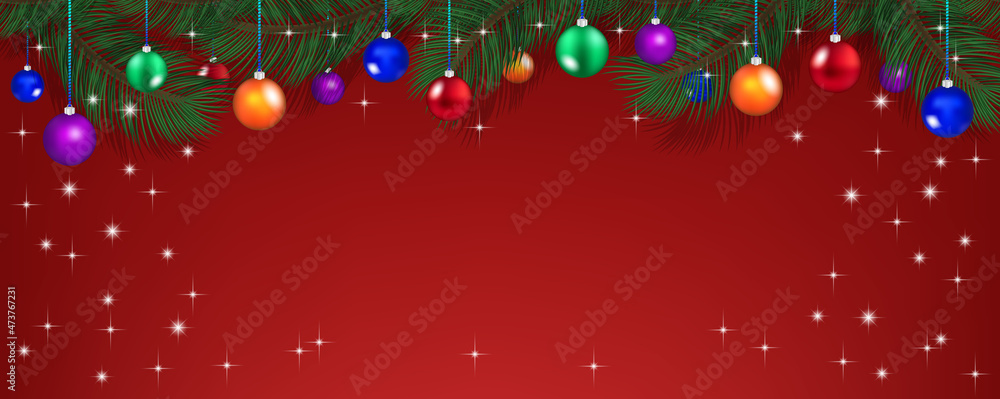 Illustration, bright red festive New Year banner with fir branches and colored glass Christmas toys balls. Sample, empty center and radiant sparks Illustration, bright red festive New Year banner with fir branches and colored glass Christmas toys balls. Sample, empty center and radiant sparks