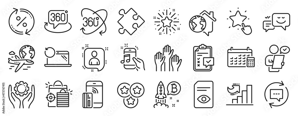 Set of Technology icons, such as Music phone, Stars, Recovery laptop icons. Bitcoin project, Strategy, Work home signs. International flight, Twinkle star, 360 degree. Employee hand. Vector