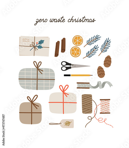 Xmas and New Year celebration preparation. Zero-waste, eco-friendly packaging gifts. Nature decor, and tools for decoration. Spruce twig, cinnamon stick, orange slice, cone, threads, scissors, pencil.