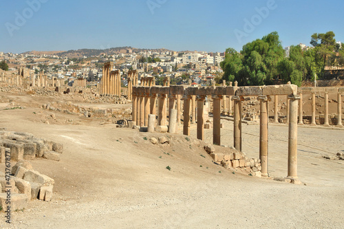 Panorama of Oval plaza in roman Jerash, Jordan