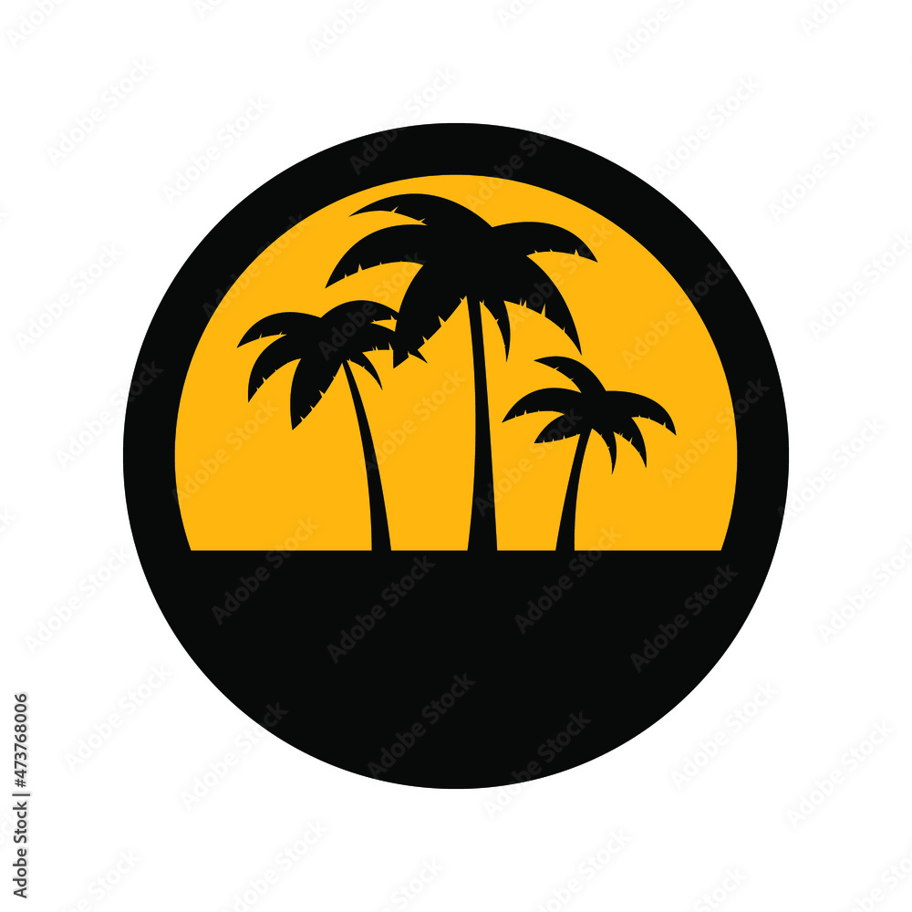 Palm trees, black and yellow colors, round sign for design on a white background, vector illustration