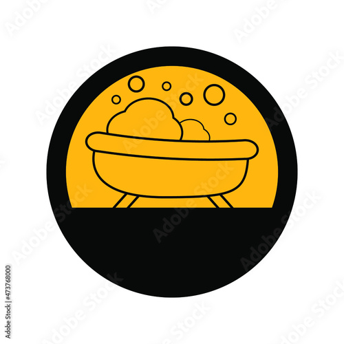 Bubble bath, black and yellow, round design sign on white background, vector illustration