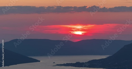 View to Boka Kotor Bay from above at sunset photo