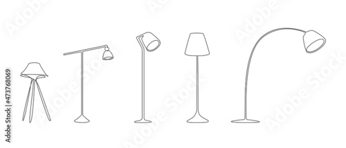 Modern floor lamps for home interior decorations of trendy loft style outline contour lines. Collection of lampshades and lightbulb simple linear silhouette. Doodle vector illustration