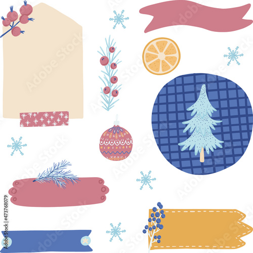 Digital bullet journaling and snail mailing. Blank paper notes, stickers, washi tapes, tags in a winter theme. Vector art