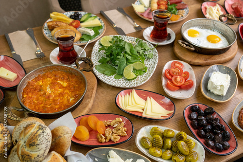 Breakfast table. Traditional Turkish Breakfast Table (Serpme Kahvaltı). Turkish style breakfast.