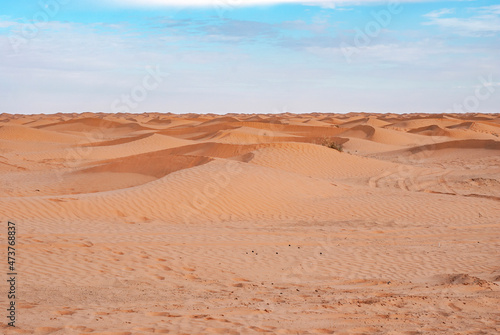 Desert sand dunes on distance in the Sahara in Tunisia.