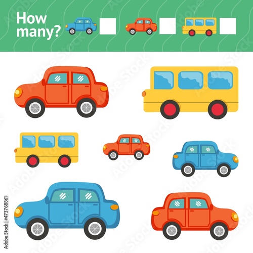 Cars and bus. Counting Game for Children card. Bright vector illustration. How many 