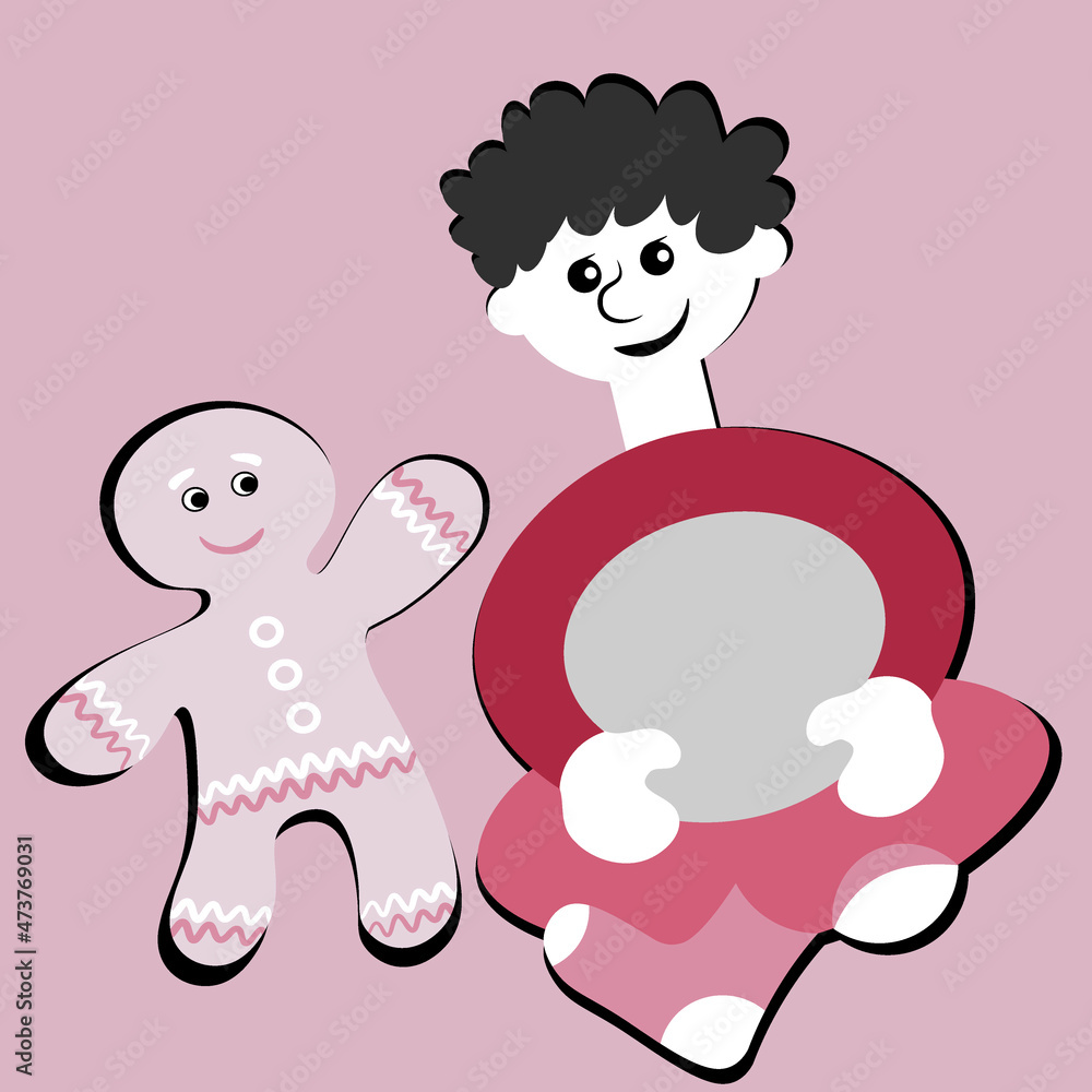 the boy sits cross-legged and smiles at the gingerbread man. Design element the boy sits cross-legged and smiles at the gingerbread man. Design element