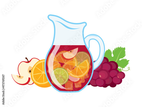 Sangria in a glass jug and with fruits icon set vector. Traditional spanish drink sangria still life vector. Sangria pitcher red wine and fruits icon isolated on a white background