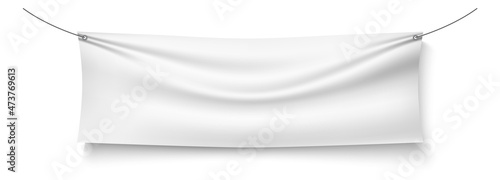 Hanging fabric banner mockup. Realistic vinyl poster template