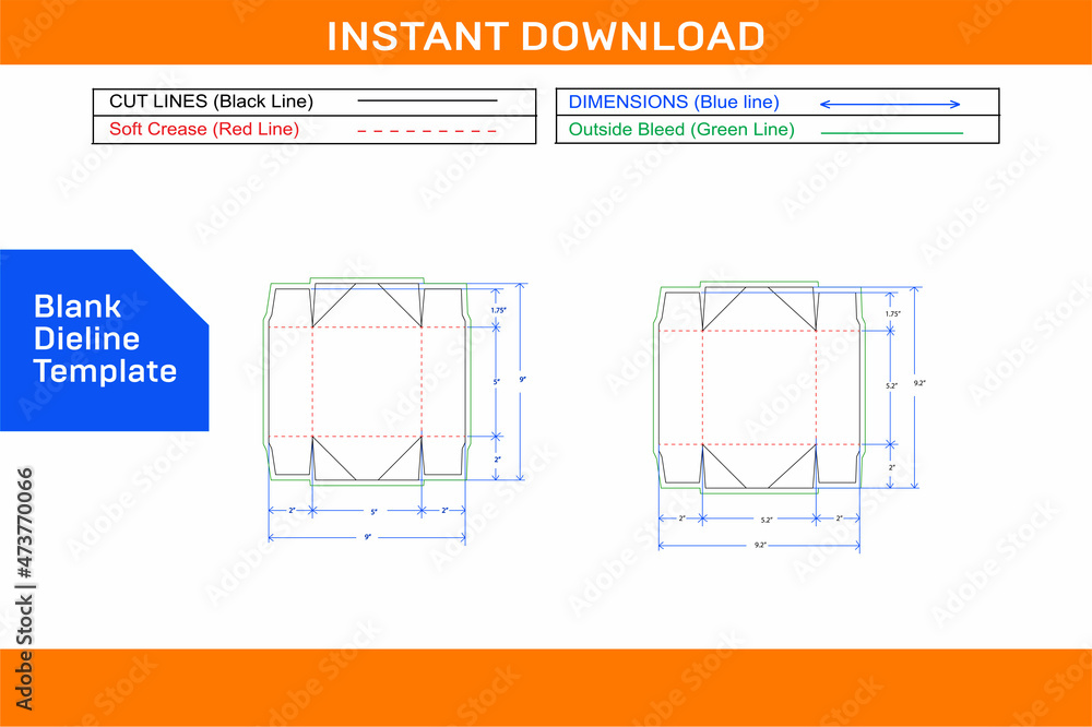 Lid box or collapsible 4 cornar tray box dieline template and 3D render ...