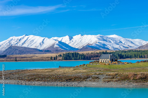 Fototapeta Naklejka Na Ścianę i Meble -  Church of the Good Shepherd with clear blue sky Lake Tekapo South Island New Zealand