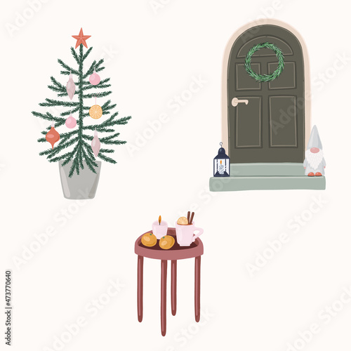 Scandinavian interior vector illustration. Cozy home in Christmas time drawing. Hygge conceptual art.