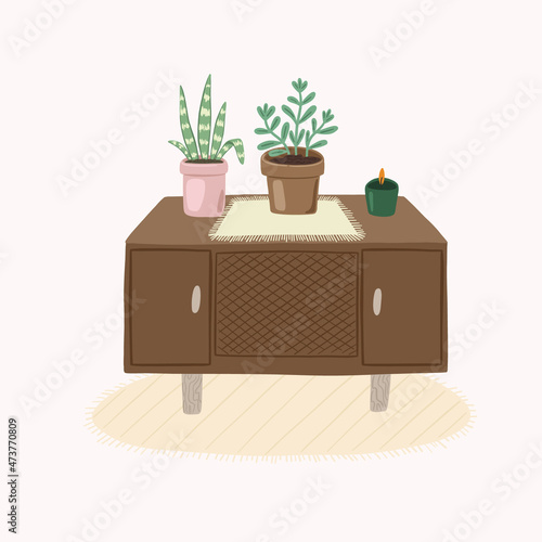Scandinavian interior vector illustration. Drawing chest with house plants. Hygge conceptual art.