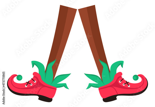 Elf feet icon. Funny dancing legs in red jester shoes