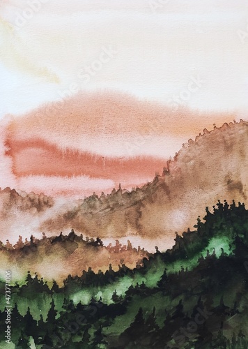 Canvastavla Mountain landscape. Watercolor. Autumn forest.