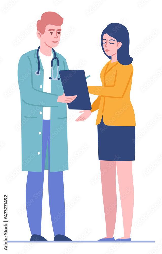 Woman writing signature in medical document. Patitient agrees to treatment Woman writing signature in medical document. Patitient agrees to treatment