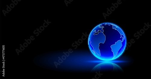 Blue hologram of planet earth on shiny floor. Technology and science background. Place for text.