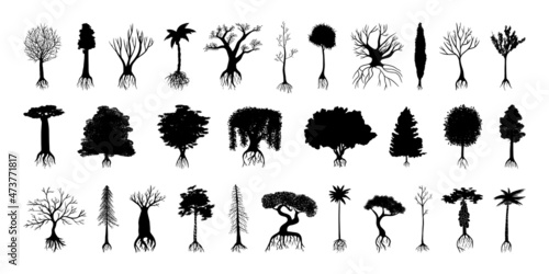 Collection of black silhouettes of various trees with root system.