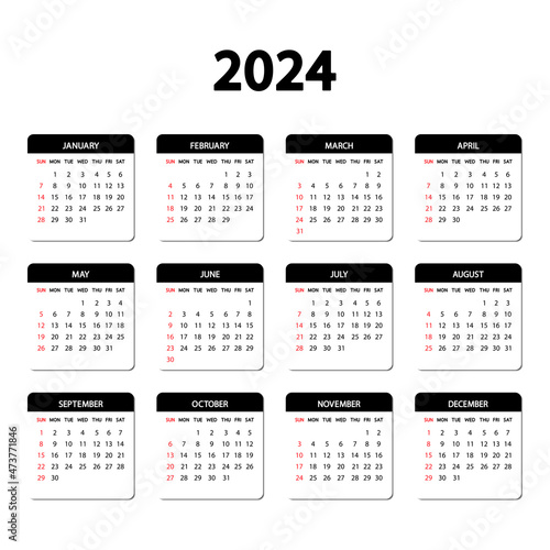 Calendar 2024 year. The week starts Sunday. Annual English calendar 2024 template.