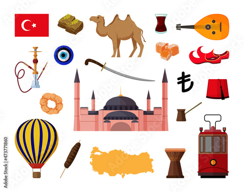 Vector objects associated with Turkey. Illustrations of Turkish landmarks in modern flat style.