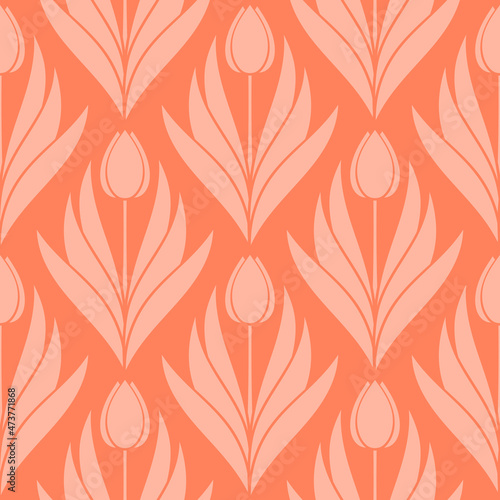 Seamless pattern with a pattern of the silhouette of tulips and leaves. Design in coral, orange for printing, packaging, fabric. Electric Tangerine. Damascus styling. Vector illustration