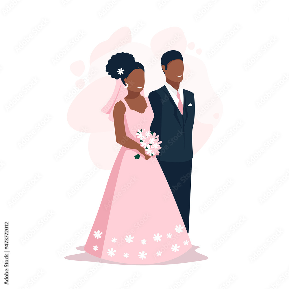 Happy bride and groom get married. Flat vector illustration of enamored man and woman in wedding clothes. Together forever. on an abstract background with hearts. Happy bride and groom get married. Flat vector illustration of enamored man and woman in wedding clothes. Together forever. on an abstract background with hearts.