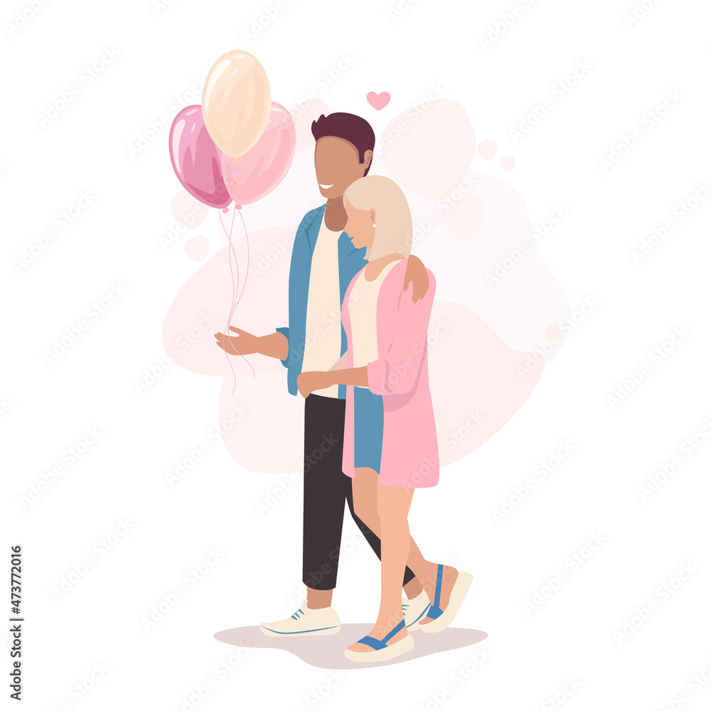 Cute couple of lovers are hugging and having fun. Flat vector illustration of enamored man and woman on an abstract background. Happy Valentine's Day. Cute couple of lovers are hugging and having fun. Flat vector illustration of enamored man and woman on an abstract background. Happy Valentine's Day.