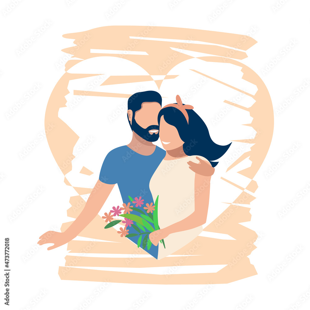Cute couple of lovers are hugging and having fun. Flat vector illustration of enamored man and woman on an abstract background. Happy Valentine's Day.