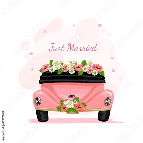 Retro wedding car, decorated with flowers, rear view. Wedding vector template illustration in cartoon style on an abstract background with place for text.