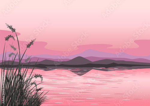 Beautiful pink landscape with sunset over the sea, mountains and reeds. Vector illustration of a colorful landscape in a minimalist style.