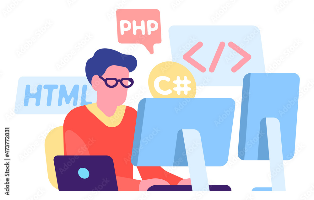 Man coding at computer. Web development engineer working with programming languages