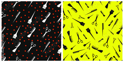 Vector set of seamless patterns with hairdresser items. Scissors, brushes, combs. Unique background for hairdressers on black and yellow isolated background. 