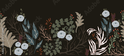 Seamless border with floral elements. Decorative wallpaper in vintage gothic style. Vector illustration