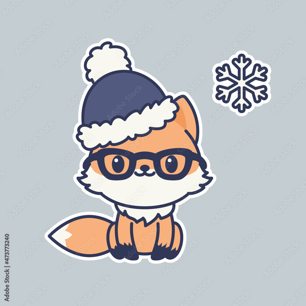 Cute kawaii fox sticker. Happy little foxes wearing winter hat. Winter holidays illustration. Vector art. Cute kawaii fox sticker. Happy little foxes wearing winter hat. Winter holidays illustration. Vector art.