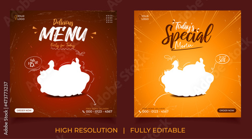 Set of food social media templates. with editable element and black, white, yellow, red color. And vegetables icon