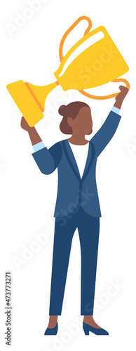 Woman holding winner cup. Golden victory prize symbol