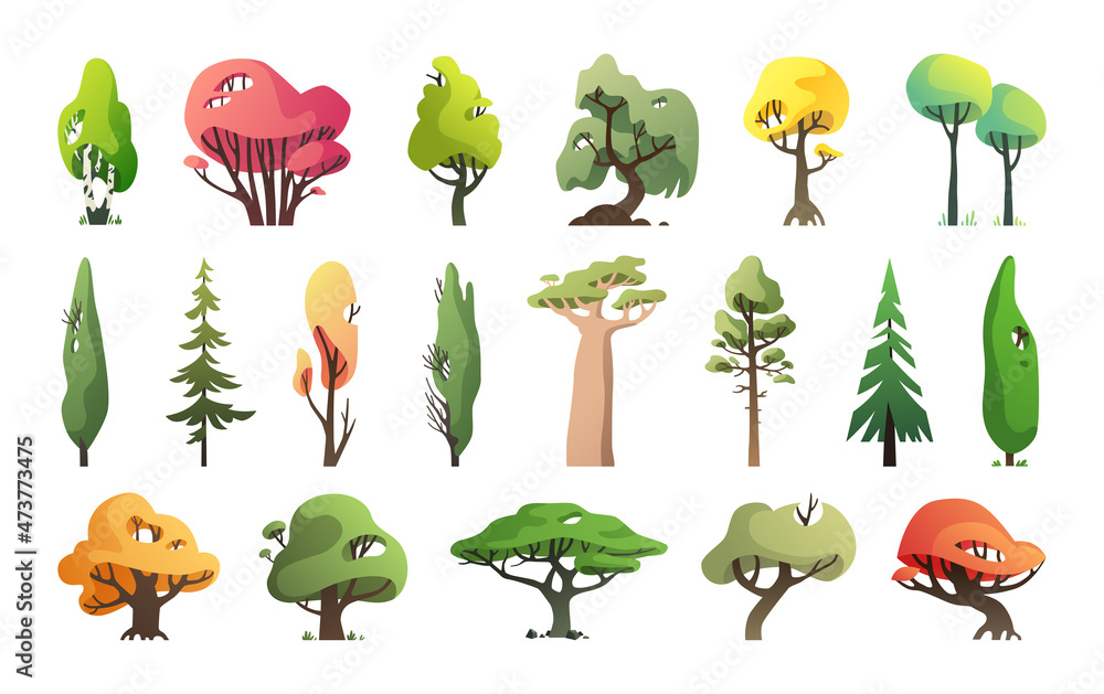 Obraz premium Vector collection of trees in a modern style. Cartoon drawing.