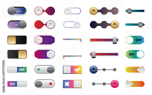 Collection of switches and sliders for websites, applications and programs. On and off buttons.