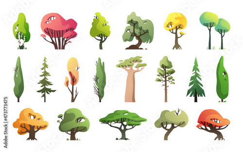 Vector collection of trees in a modern style. Cartoon drawing.