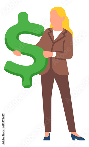 Blonde woman holding dollar sign. Girl with green money symbol