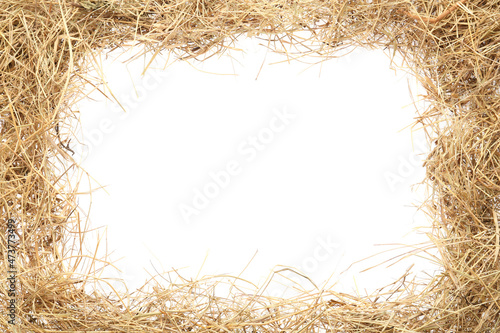 Vászonkép Frame made of dried hay on white background, top view