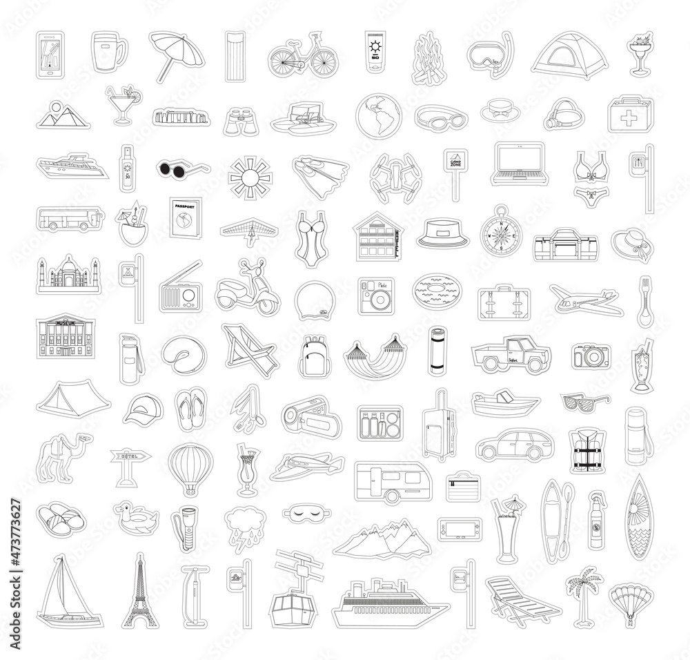 Collection of linear stickers for vacation and travel.