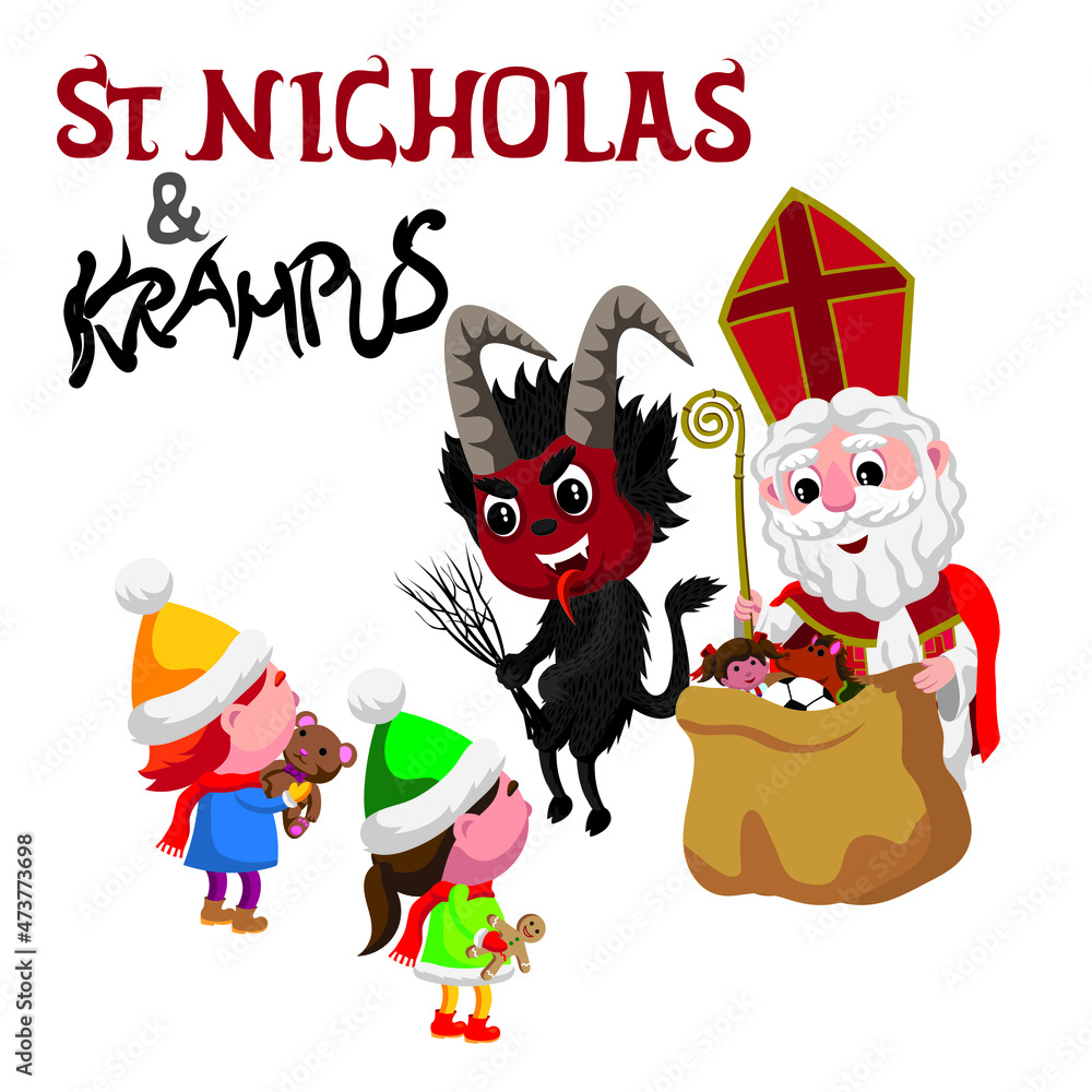 Cute cartoon style vector illustration of St Nicholas and Krampus with
