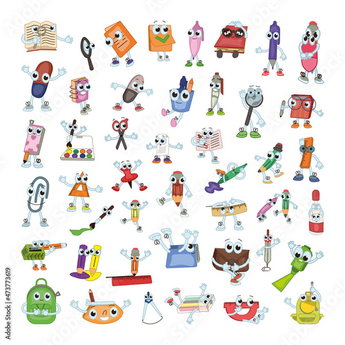 Funny stationery characters with different emotions. Vector illustration for students and schoolchildren.