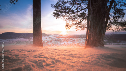 Schwäbische Alb im Winter, Sonnenuntergang über Owen
