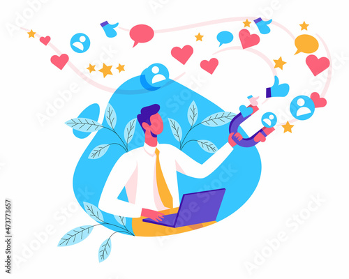 Man collecting likes with magnet illustration, Attraction magnet vector, Male character is holding magnet to collect like, Social media concept. Feedback and followers in Internet